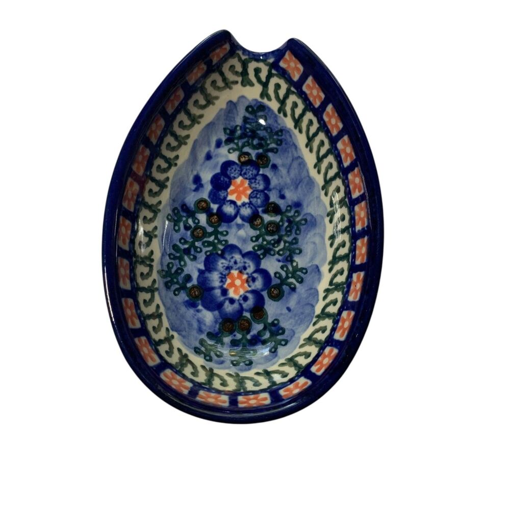 Polish Pottery Kitchen Spoon Rest Blue Floral UNIKAT signed Anna Pasieroiewicz